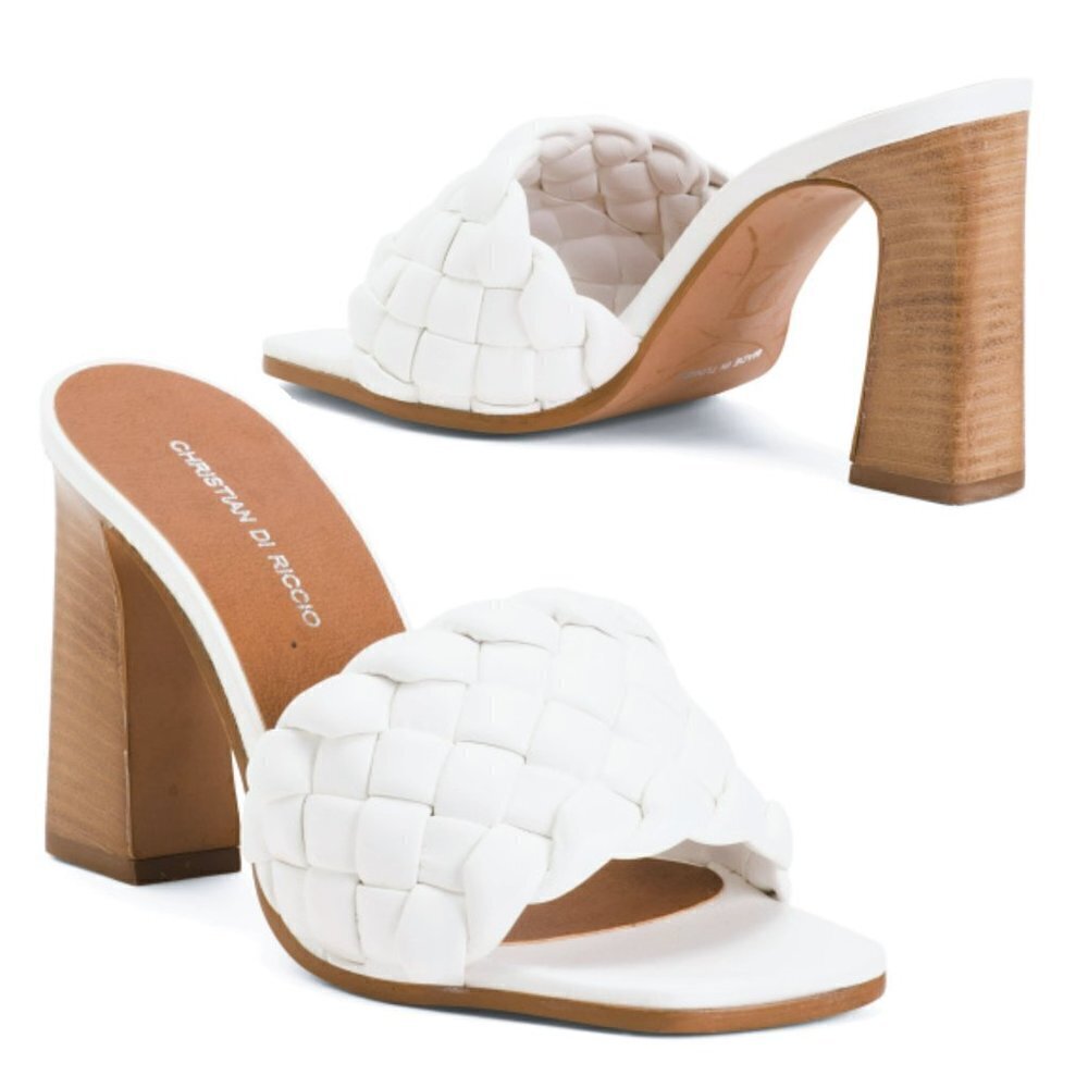 NWT CHRISTIAN DI RICCIO White Braided Band Heel Slip-on Sandals